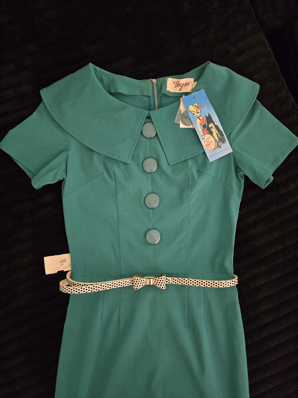 Tatyana Pencil Dress Teal with Polka Dot Bow Belt